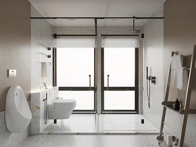Modern Bathroom Interior With Glass Shower Enclosure Wall Mounted Toilet Vanity And Window 3d model