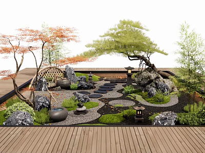 Japanese Style Garden Courtyard With Green Pine Trees Stone Path Lanterns And Wooden Deck 3d model