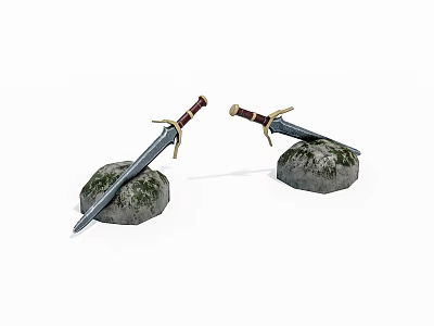 Two Ancient Swords With Brown And Gold Hilts Embedded In Mossy Rocks 3d model