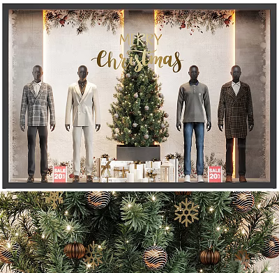 Christmas Window Display With Mannequins In Stylish Outfits Christmas Tree Gift Boxes And 20 Percent Off 3d model