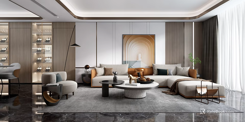 Elegant Modern Living and Dining Room Interior With Sofa Coffee Table Rug and Decorative Art 3d model 