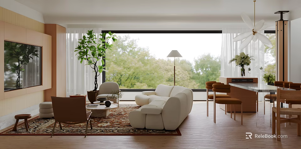 Modern Living Dining Room Interior Design With White Sofa Dining Chairs And Large Window Plant 3d model 