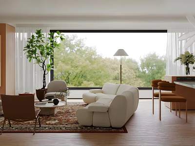 Modern Living Dining Room Interior Design With White Sofa Dining Chairs And Large Window Plant 3d model