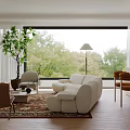 Modern Living Dining Room Interior Design With White Sofa Dining Chairs And Large Window Plant
