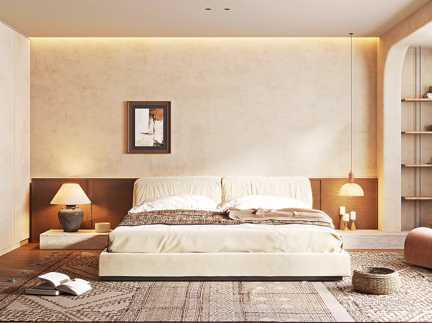 Cozy Bedroom With Textured Beige Walls Framed Artwork Bedside Lamps Wooden Flooring And Area Rug 3d model 