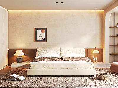 Cozy Bedroom With Textured Beige Walls Framed Artwork Bedside Lamps Wooden Flooring And Area Rug 3d model