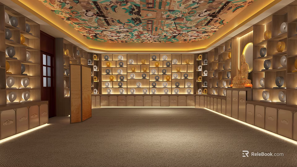 Sacred Worship Hall With Colorful Mural Ceiling Buddha Statues And Religious Items On Shelves 3d model 