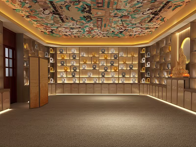Sacred Worship Hall With Colorful Mural Ceiling Buddha Statues And Religious Items On Shelves 3d model