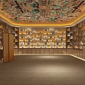 Sacred Worship Hall With Colorful Mural Ceiling Buddha Statues And Religious Items On Shelves