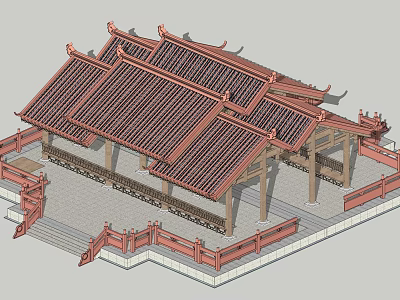 Traditional Chinese Style Landscape Pavilion With Red Tiled Roof Wooden Beams And Railings 3d model