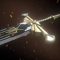 Mythical Enchanted Sword With Golden Runes And Glowing Blade On Flame Background