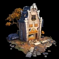 Cartoon Scene of Quaint Dutch Style Small House With Yellow Leaf Tree And Stone Path