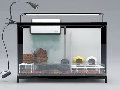 Modern Aquarium Setup With Black Frame Top Light Red Rocks Aquatic Plants And Gravel 3d model