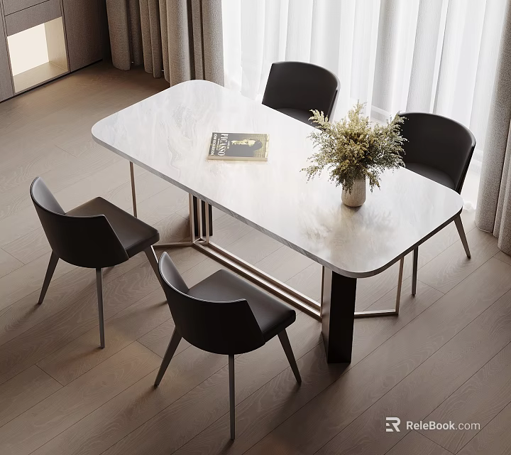 Modern Dining Table Set With Four Black Chairs White Marble Top Flower Vase And Magazine 3d model 