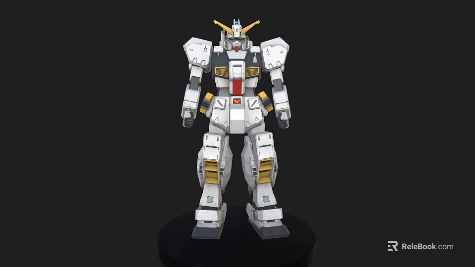 White Gundam Robot Model Figure With Yellow Red Accents Standing On Black Base 3d model 