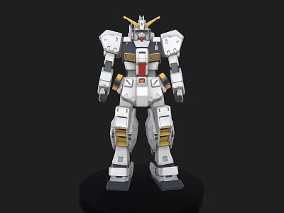 White Gundam Robot Model Figure With Yellow Red Accents Standing On Black Base 3d model