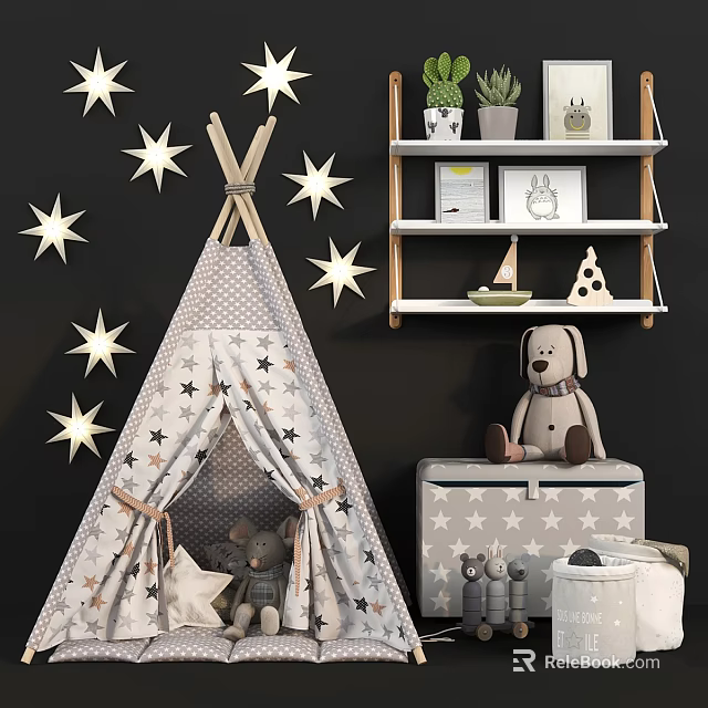 Star Themed Kids Room Shelf Unit With Potted Plants Framed Pictures And Stuffed Dog Toy 3d model 
