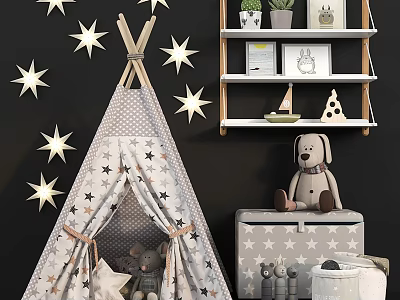 Star Themed Kids Room Shelf Unit With Potted Plants Framed Pictures And Stuffed Dog Toy 3d model