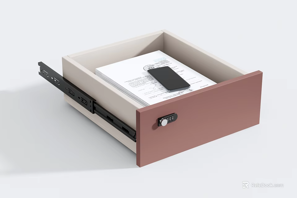 Pink Lockable Drawer With Black Slides Interior Holding Documents And Phone 3d model
