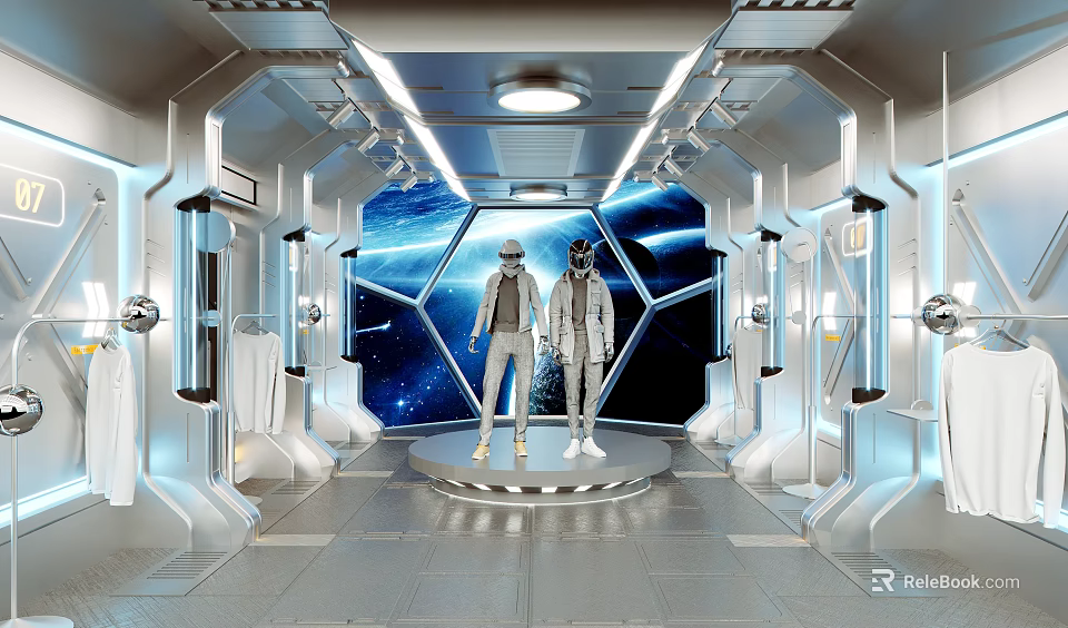 Futuristic Clothing Store Featuring Spacesuit Outfits On Mannequins Circular Platform Starry Space Wall Silver Racks 3d model 