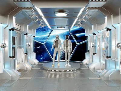 Futuristic Clothing Store Featuring Spacesuit Outfits On Mannequins Circular Platform Starry Space Wall Silver Racks 3d model