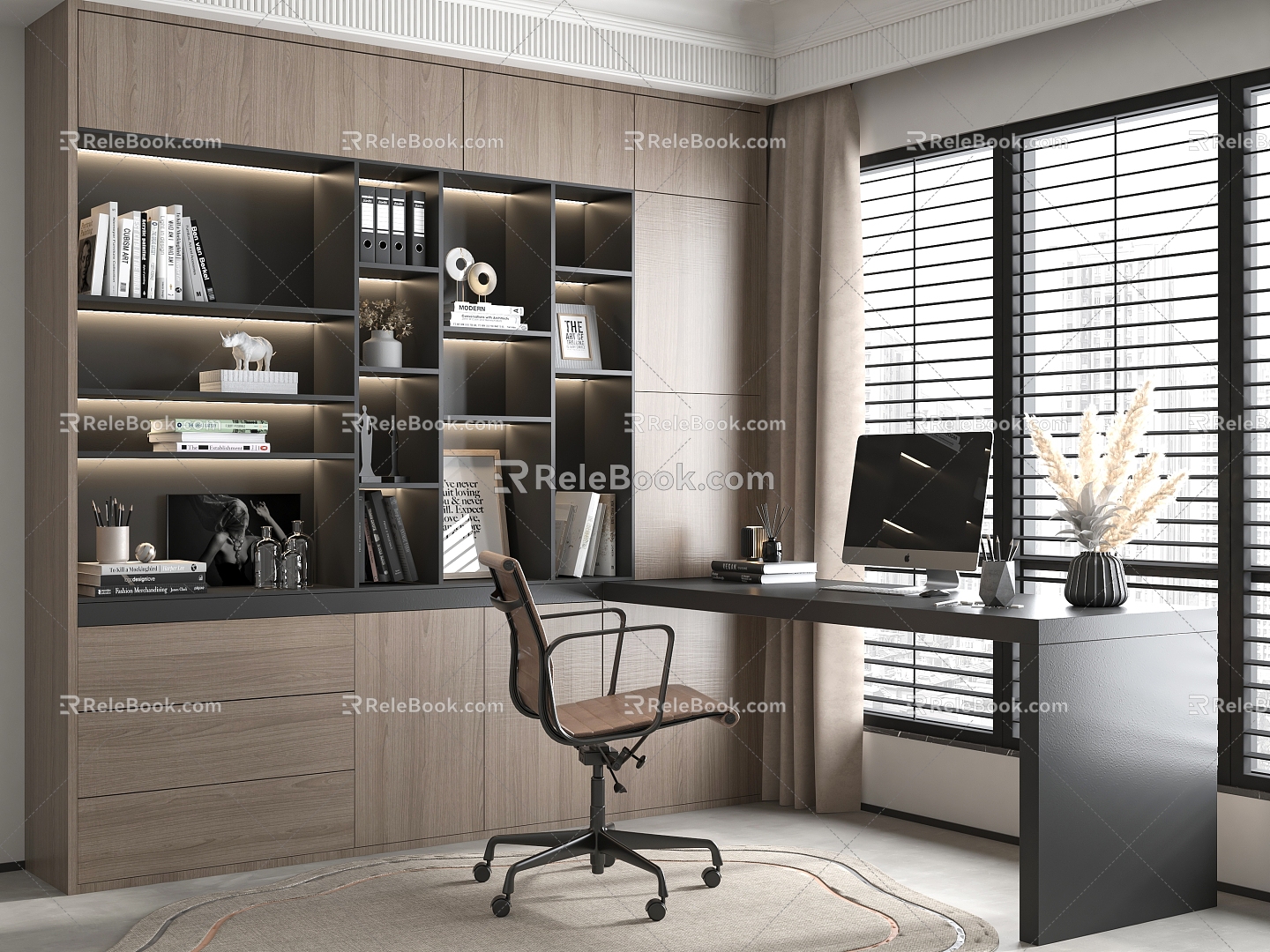 Study Desk and Chair Combination Bookcase Single Chair Computer Jewelry Ornaments 3d model