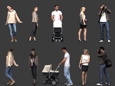 Group of Diverse People in Different Outfits Pushing Stroller and Carrying Bags 3d model