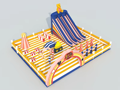 Inflatable Play Equipment With Striped Slide Cartoon Bear Colorful Enclosure And Joy Archway 3d model