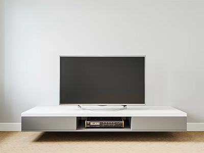 Modern White and Gray TV Stand With TV on Top and Storage Space for Electronics 3d model