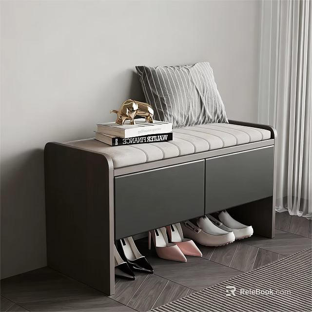 Modern Shoe Bench With Upholstered Seat Storage Drawers And Decorative Pillow 3d model 