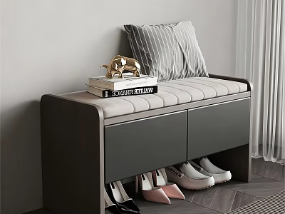 Modern Shoe Bench With Upholstered Seat Storage Drawers And Decorative Pillow 3d model