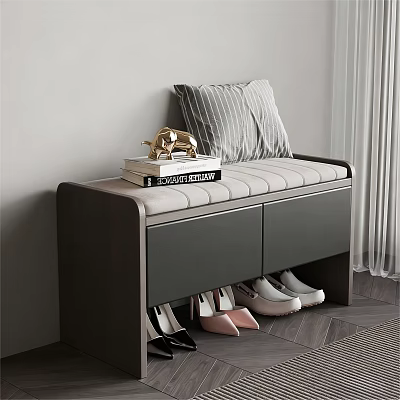 Modern Shoe Bench With Upholstered Seat Storage Drawers And Decorative Pillow 3d model
