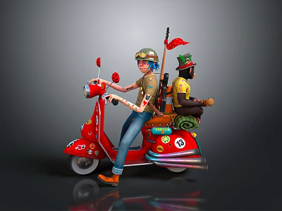 Vibrant Red Motorcycle With Two Riders Colorful Stickers Small Flags And Gray Background 3d model