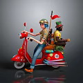 Vibrant Red Motorcycle With Two Riders Colorful Stickers Small Flags And Gray Background