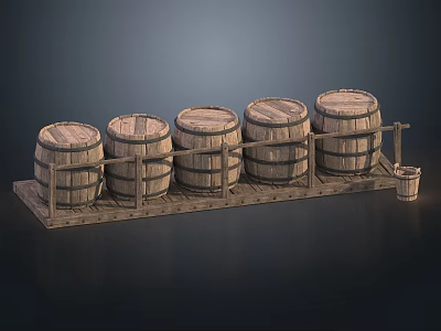 Wooden Barrels On Wooden Rack For Home Storage And Decor Items 3d model