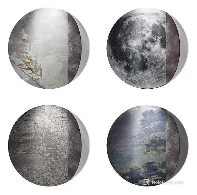 Round Framed Paintings With Natural Themes Bamboo Moon Water Texture And Mountain Clouds 3d model 