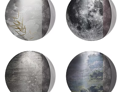Round Framed Paintings With Natural Themes Bamboo Moon Water Texture And Mountain Clouds 3d model