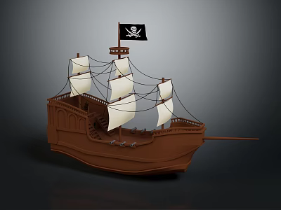 Detailed Brown Wooden Pirate Ship With Skull Flag And White Sails 3d model