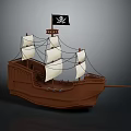 Detailed Brown Wooden Pirate Ship With Skull Flag And White Sails