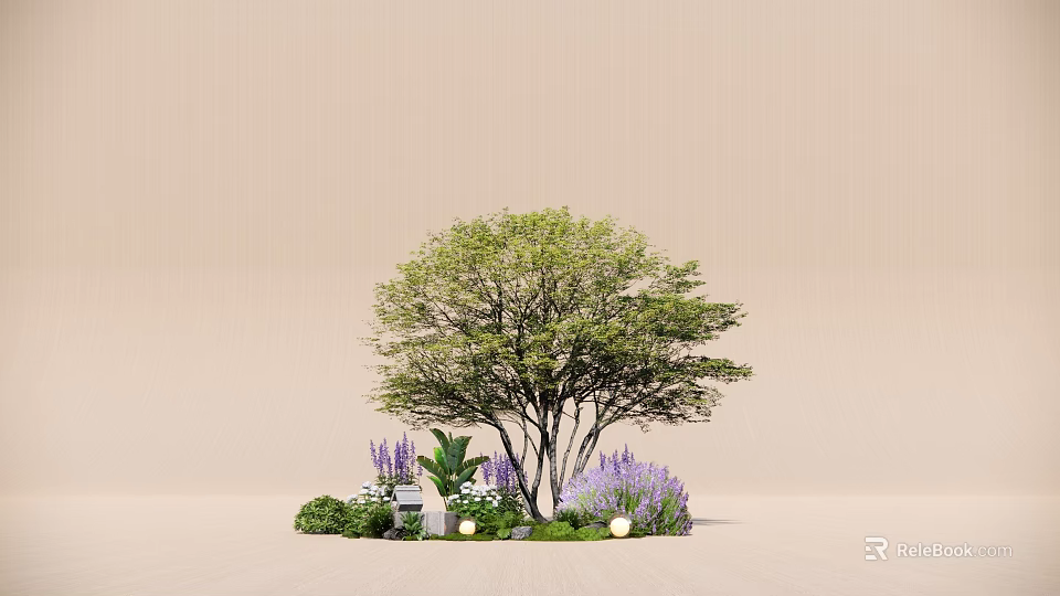 Garden Plant Combination With Tree Purple Flowers Green Foliage And Stones 3d model 