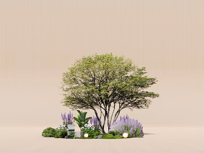 Garden Plant Combination With Tree Purple Flowers Green Foliage And Stones 3d model