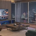 Entertainment Room With Wooden Walls Large Screen TV Game Controllers And Floor To Ceiling Windows