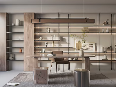 Modern Study Room Interior Design With Open Shelves Desk Chair And Decorative Lighting 3d model