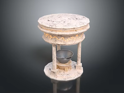 Carved Stone Decorative Pedestal Featuring Circular Top Supporting Pillars And Central Bowl 3d model