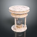 Carved Stone Decorative Pedestal Featuring Circular Top Supporting Pillars And Central Bowl