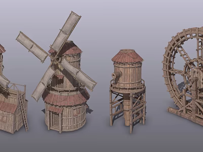Traditional Wooden Tower Design With Windmill Water Tank And Waterwheel 3d model