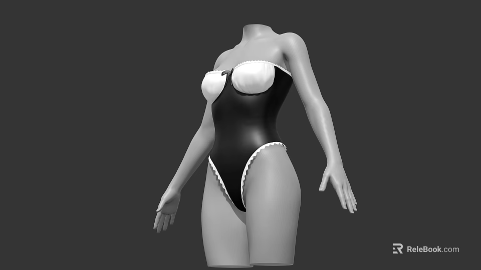 3D Female Mannequin Model Wearing Black Bodysuit With White Lace Trim Details 3d model