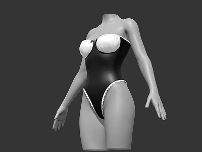 3D Female Mannequin Model Wearing Black Bodysuit With White Lace Trim Details 3d model