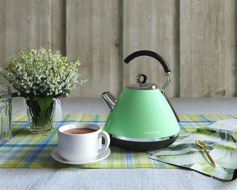 Green Electric Kettle for Daily Use on Checkered Tablecloth with Coffee Cup and White Flowers 3d model 
