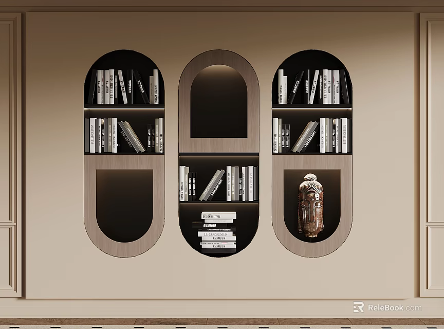 Elegant Study Room Interior Design With Arched Bookshelf Books And Decorative Vase 3d model